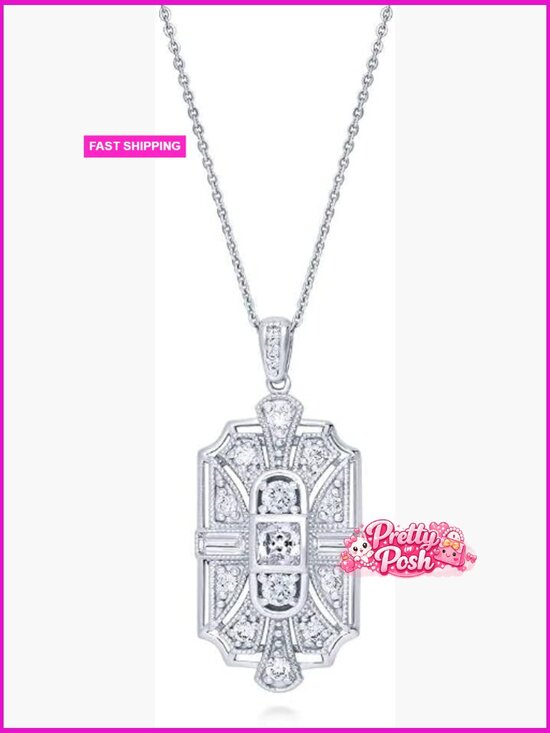 Jewelry - Sterling Silver Art Deco Milgrain Pendant Necklace Cubic Zirconia 18 inch